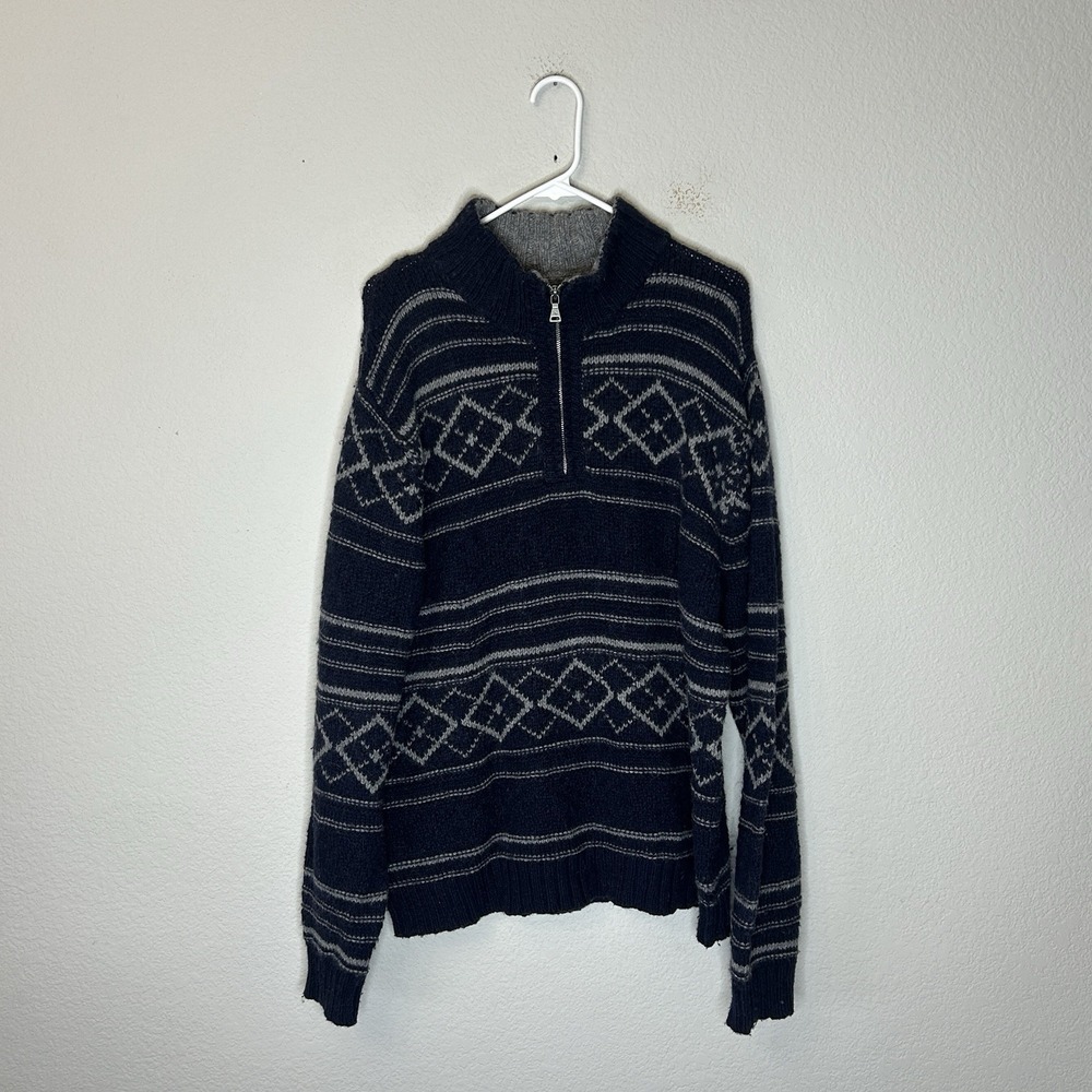 VTG 90s St Johns Bay Sweater Mens L Blue Wool Blend Fair Isle 1/4 Zip Grandpa